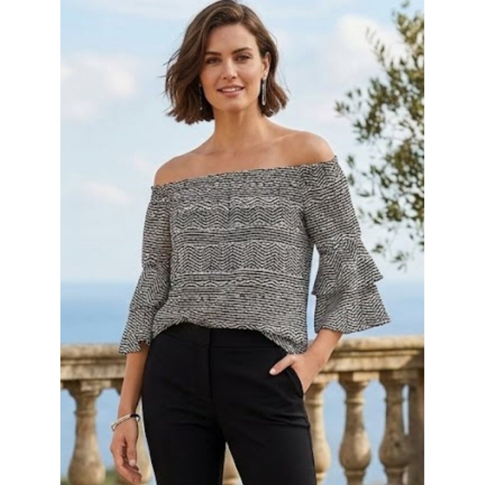 White House Black Market Zebra Print Off Shoulder Ruffle Sleeve Blouse XL Black